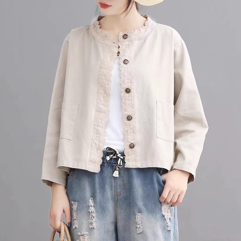 春季复古宽松文艺大码宽松100%纯棉牛仔黑色刺绣百搭女短外套
