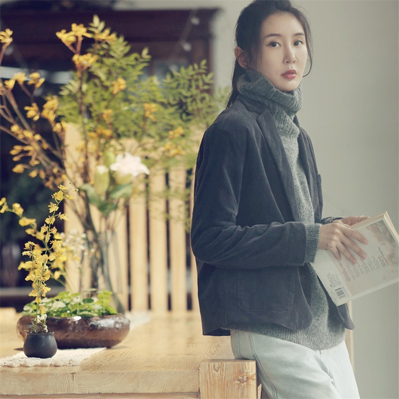 秋冬新款100%纯棉灯芯绒女西服外套上衣宽松显瘦通勤西装厚外套