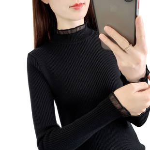 秋冬新款黑色打底衫女长袖内搭修身中领针织衫百搭短款半高领毛衣