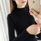 女2025春秋新款 上衣短款 修身 长袖 半高领毛衣 紧身针织衫 黑色打底衫