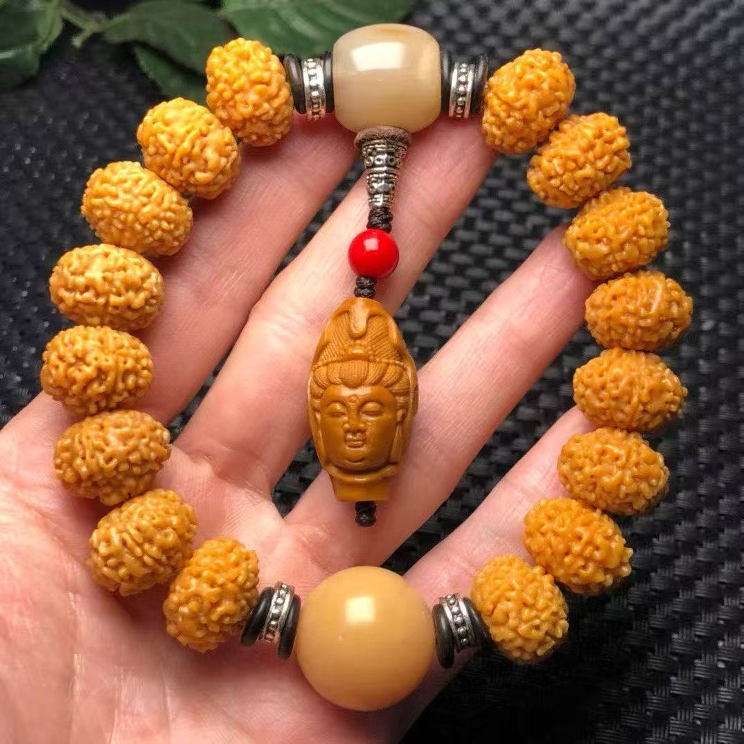 小金刚天然玉化籽8瓣飞蝶矮桩菩提子16mm金黄皮高密沉水手串佛珠