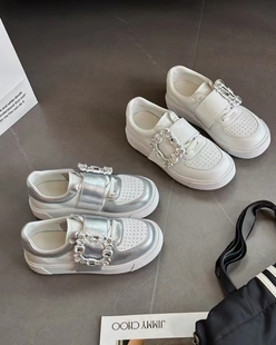 真皮2024早秋款RV方扣水钻一脚蹬小白鞋厚底增高显瘦运动休闲板鞋