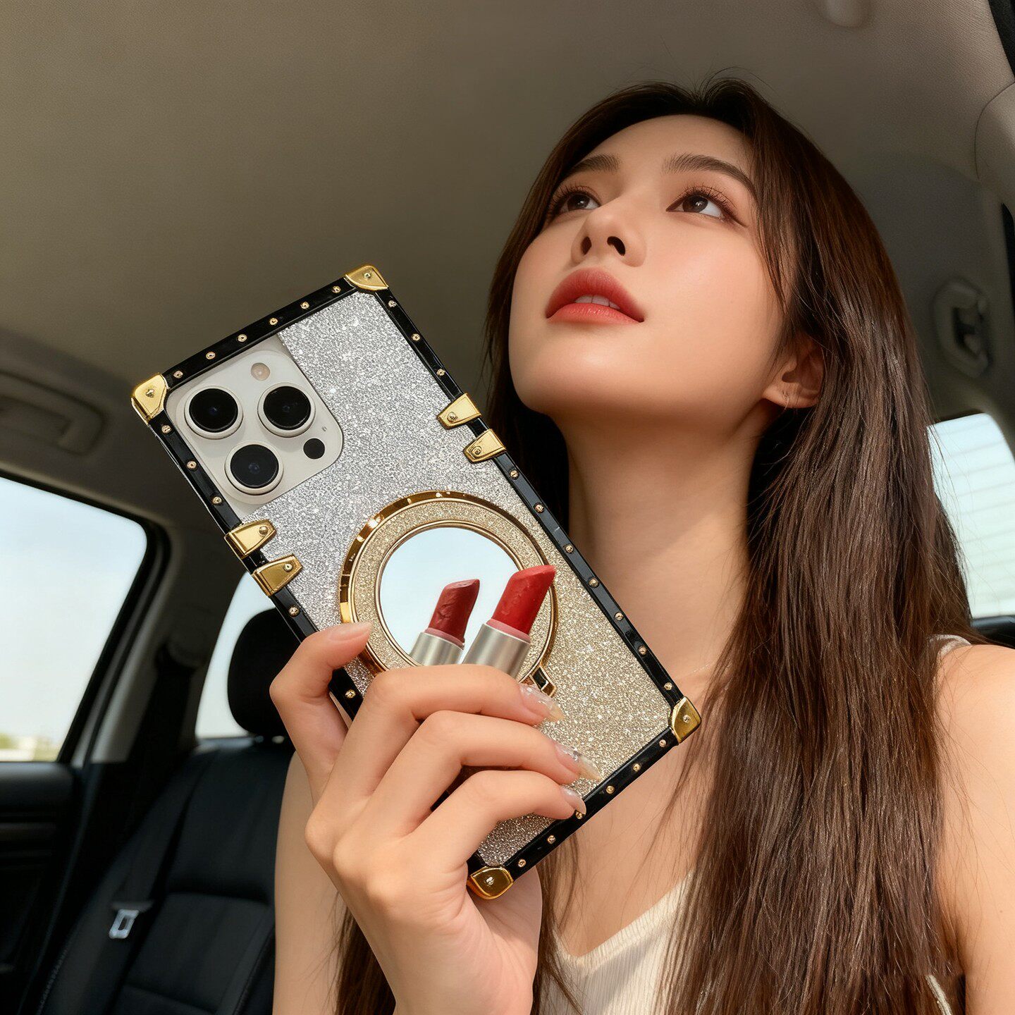 磁吸镜子iPhone16手机壳17air方形支架苹果15promax渐变闪粉适用14plus全包防摔13潮牌轻奢风12时尚高级感x新