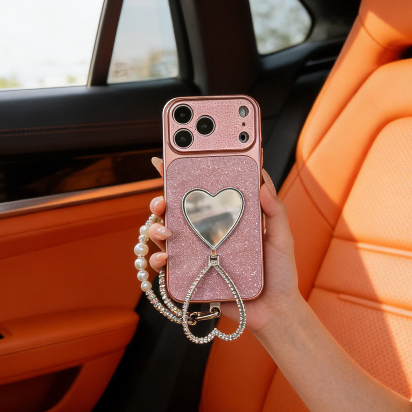 水钻闪粉iPhone17promax手机壳补妆镜支架苹果16轻奢风适用15pro创意腕带挂绳新网红高级感14p个性防摔保护套