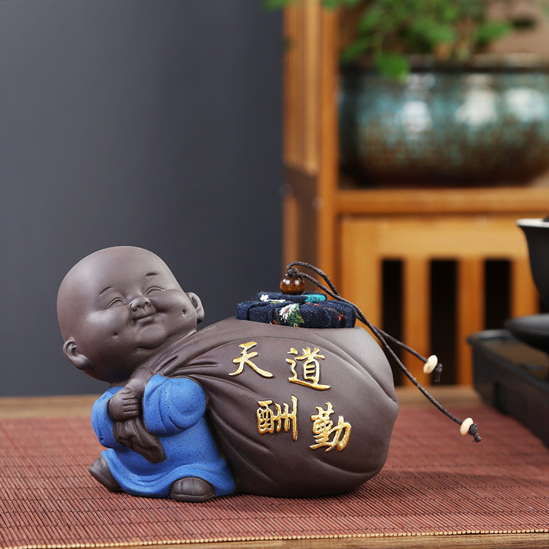 天道酬勤茶叶罐创意个性时尚紫砂小和尚粗陶密封储存茶叶罐礼盒
