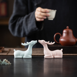 饰茶具配件 创意茶宠摆件精品可养陶瓷小鹿茶盘桌面微景观茶空间装