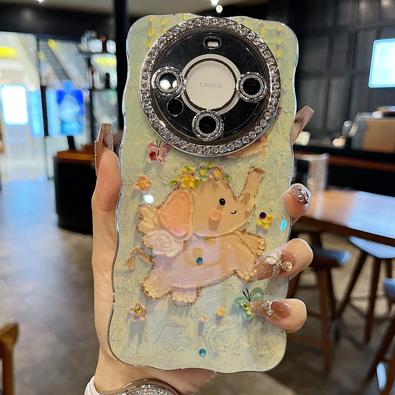 适用华为mate70系列苹果新款手机壳Pura80pro时尚绿底小象mate70/mate60全包满钻精孔镜框扭边网红女款保护套