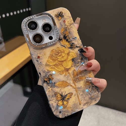 适用苹果系列iPhone15网红手机壳14promax/13pro/12pro高级半钻镜框复古油画黄玫瑰14/13全包防摔新款保护套