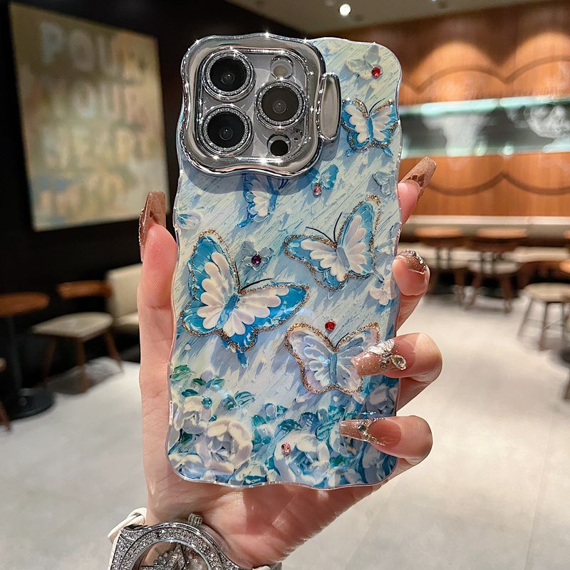 适用华为系列苹果iPhone16新款手机壳mate60国风优雅蓝色蝴蝶15pro/16promax全包支架闪粉镜头膜网红保护套