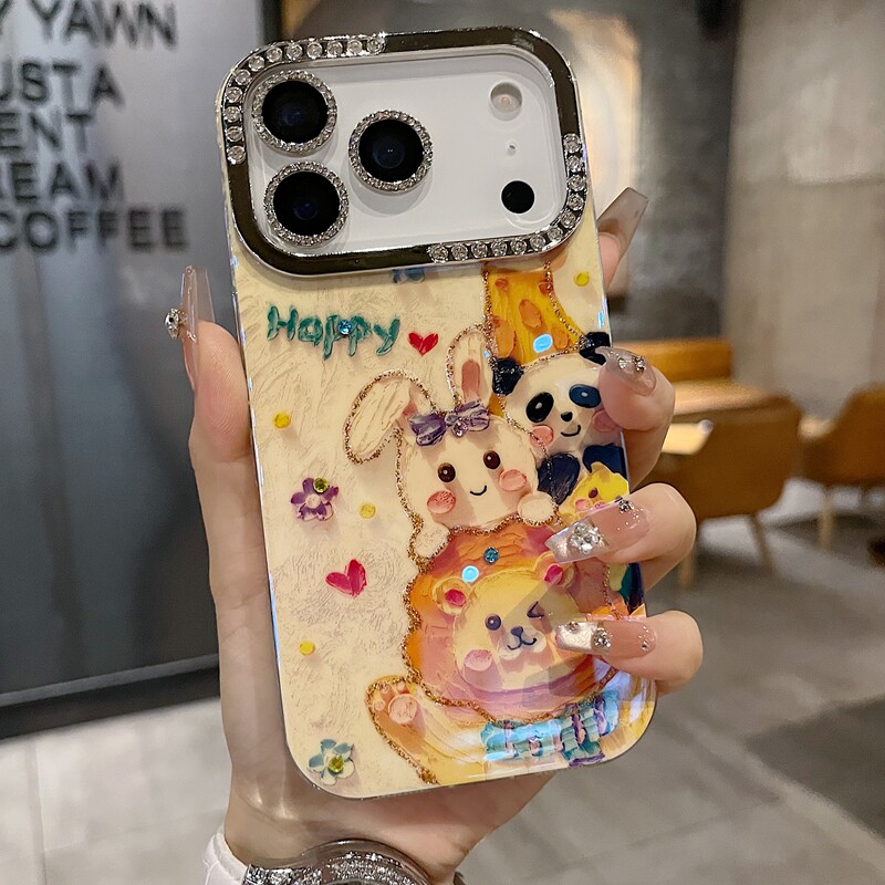 适用苹果系列iPhone17新款手机壳15promax13promax小众可爱Happy獅子14pro/16promax半钻大孔透气ins风保护套