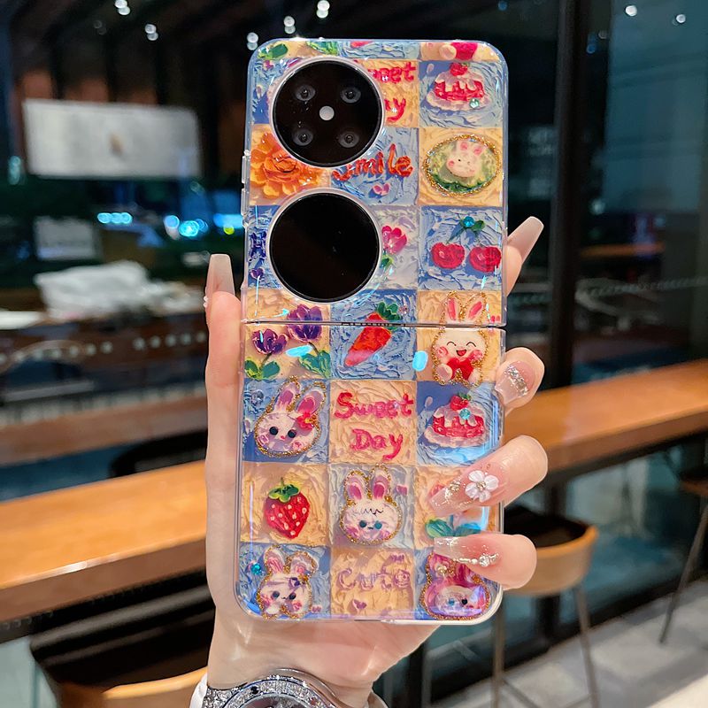 适用三星oppo华为折叠屏系列新款卡通呆萌手机壳MIX Filp可爱油画兔子pocket2全包防摔翻盖网红女款保护套