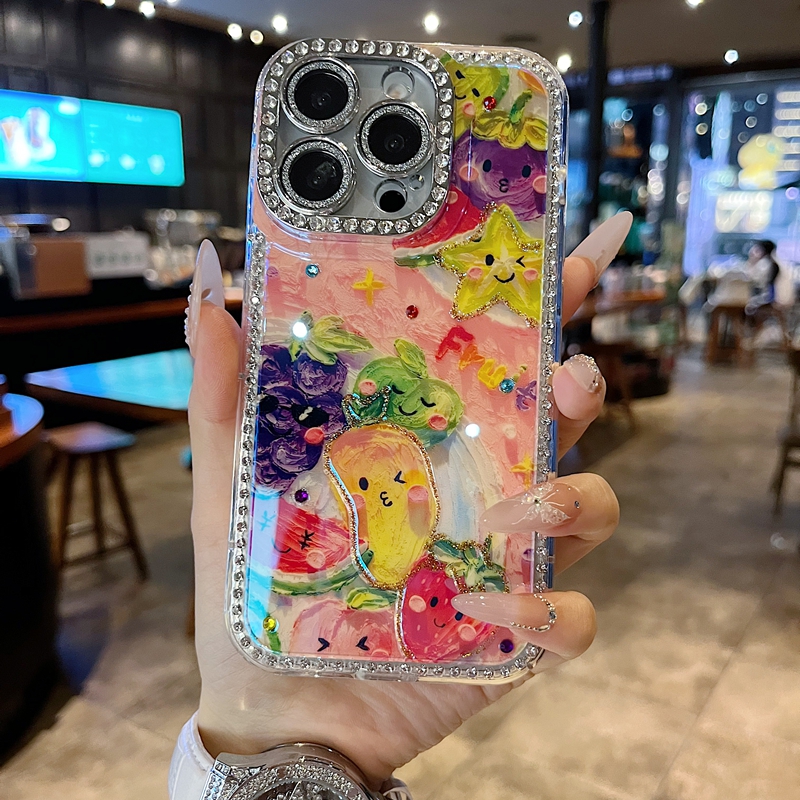 适用苹果系列iPhone16新款手机壳15pro14promax小众个性水果拼盘13pro16promax满边钻框闪钻镜头膜网红保护套