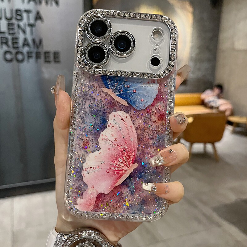 适用苹果系列iPhone17新款手机壳15promax14promax个性正面绿粉蝴蝶13pro16pro扭边钻框闪钻镜头膜网红保护套