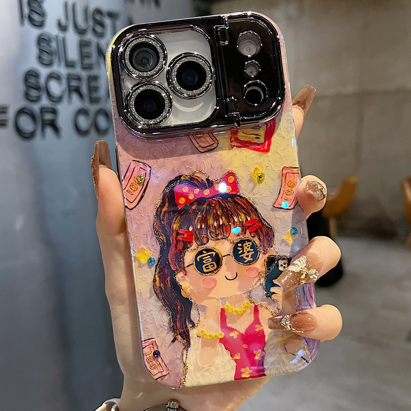 适用苹果系列iPhone17新款手机壳15promax14promax喜庆发财女孩16promax13promax枪色精孔镜头支架可爱保护套