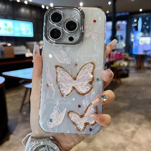 手机壳15pro14pro个性 适用苹果系列iPhone16新款 ins精美点钻蝴蝶13pro16promax银灰色闪粉镜头支架网红保护套
