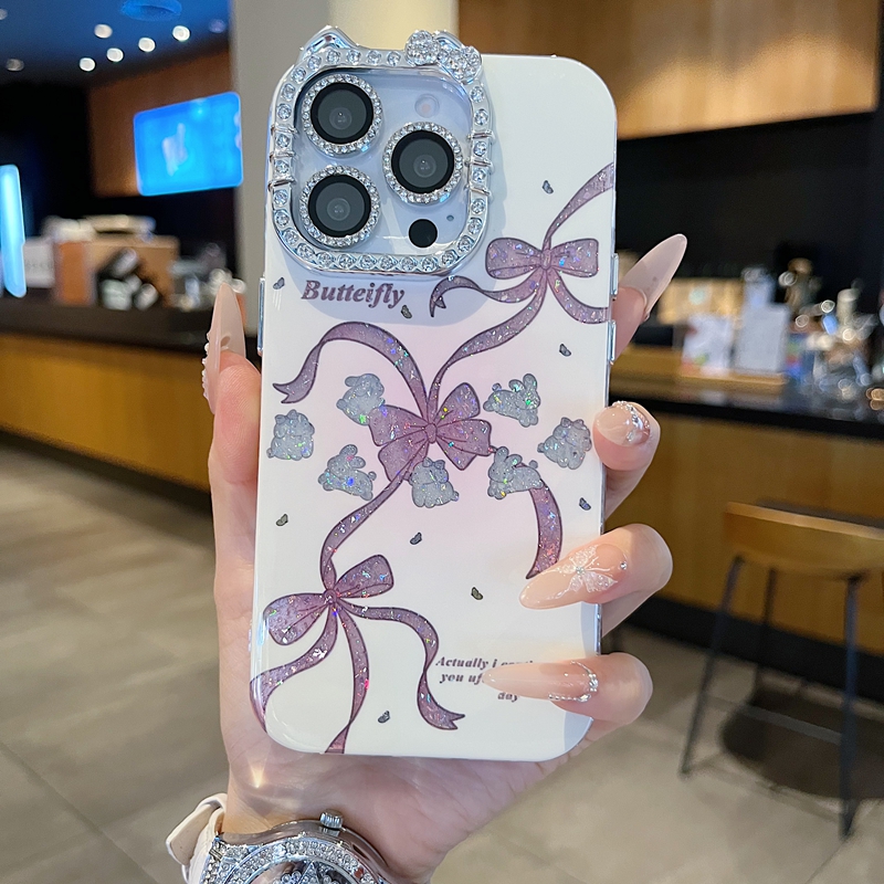 适用苹果系列iPhone16新款手机壳15/14promax时尚梦幻蝴蝶结兔子13/16promax猫耳型满边钻框闪钻镜头膜保护套