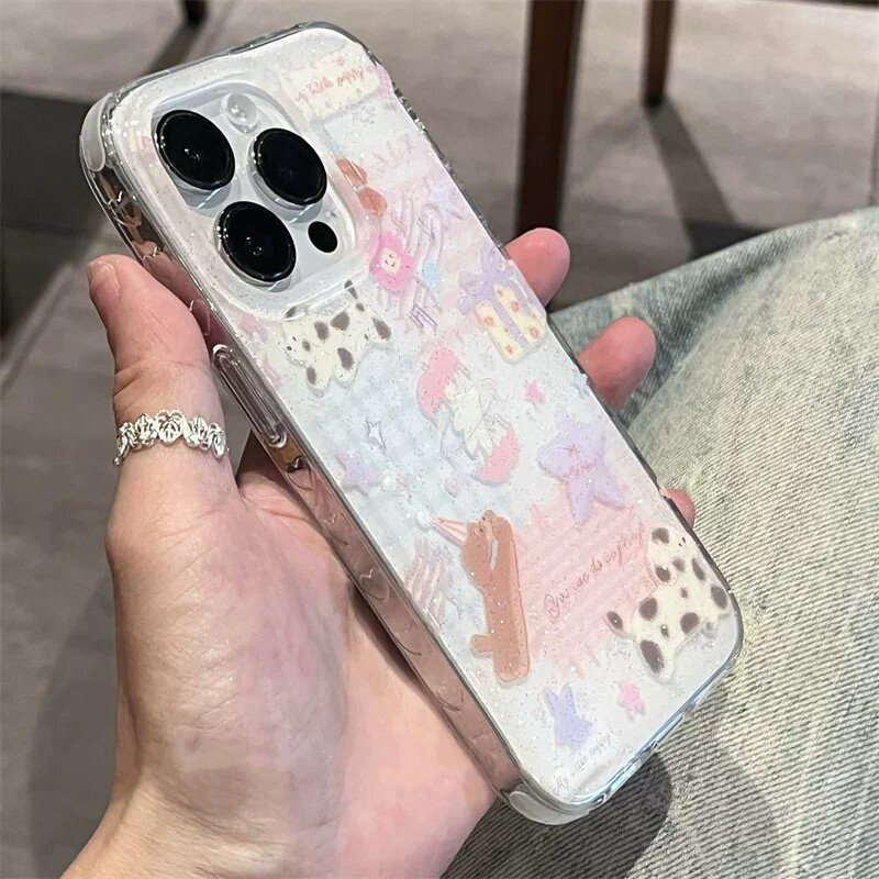 适用苹果系列iPhone17新款手机壳16promax14promax卡通闪粉星星小狗15promax13promax半包大孔防摔网红保护套