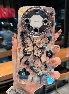 适用华为mate60系列苹果16promax新款个性高级手机壳mate40/50黑色蝴蝶14pro15pro全包闪粉镜头膜支架保护套