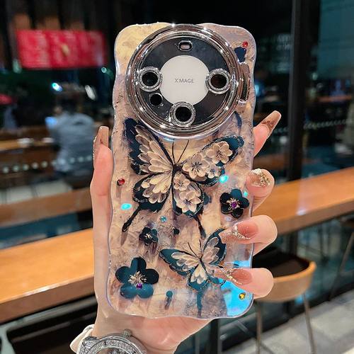 适用华为mate60系列苹果16promax新款个性高级手机壳mate40/50黑色蝴蝶14pro15pro全包闪粉镜头膜支架保护套