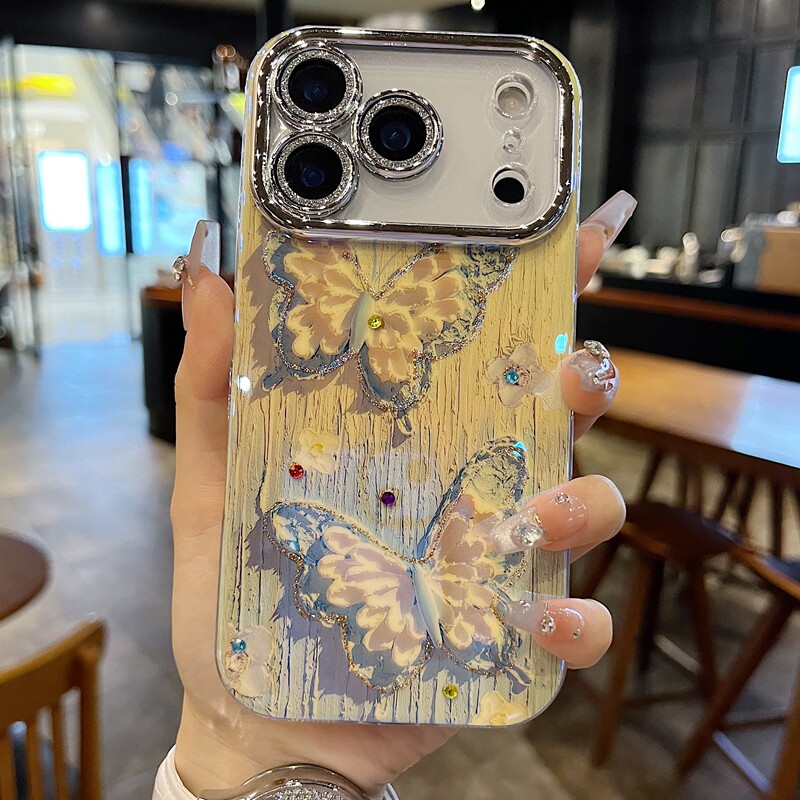 适用苹果系列iPhone17新款手机壳13pro/16promax复古轻奢蓝白蝴蝶14pro/15promax全包闪粉镜头防摔网红保护套