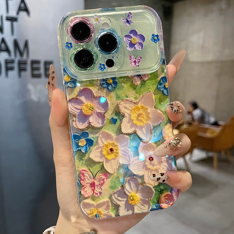适用苹果系列iPhone17新款手机壳13pro/16promax唯美水仙花15promax14promax全包闪粉花朵镜框防摔网红保护套
