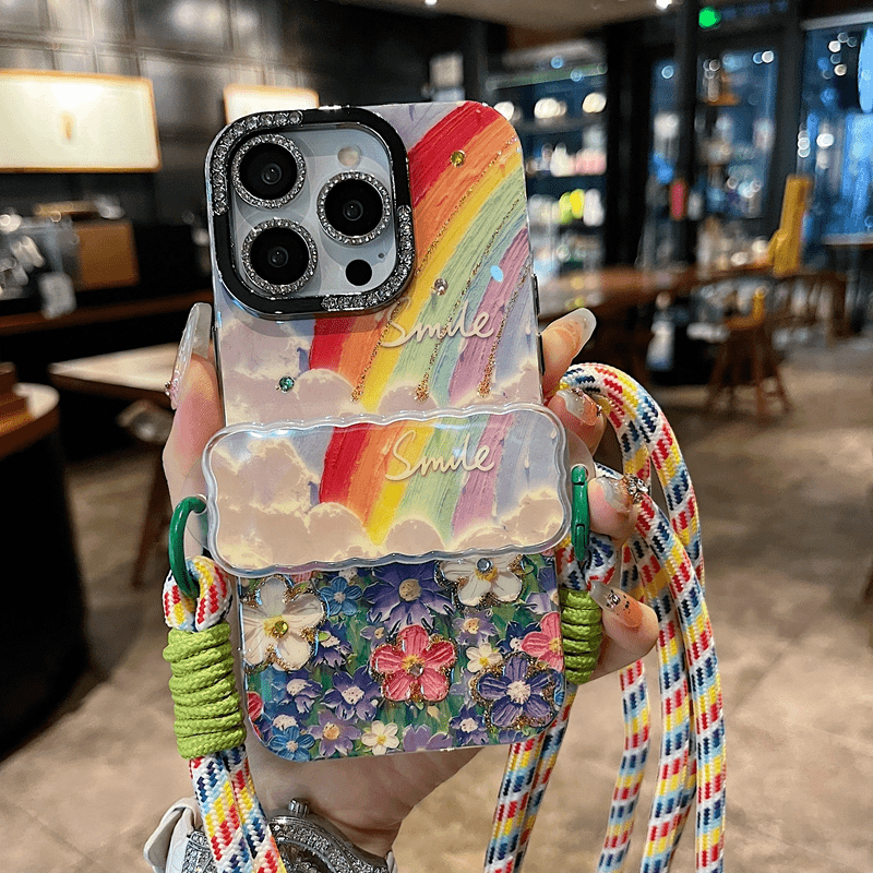 适用苹果系列iPhone15网红手机壳14promax/15pro个性创意ins风彩虹花海手链加闪钻镜头膜防摔14/13新款保护套
