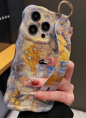 适用苹果系列iPhone15网红手机壳14promax/13pro/12蓝光扭扭边腕带懒人支架小众ins风油画黄玫瑰新款保护套