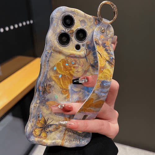 适用苹果系列iPhone15网红手机壳14promax/13pro/12蓝光扭扭边腕带懒人支架小众ins风油画黄玫瑰新款保护套