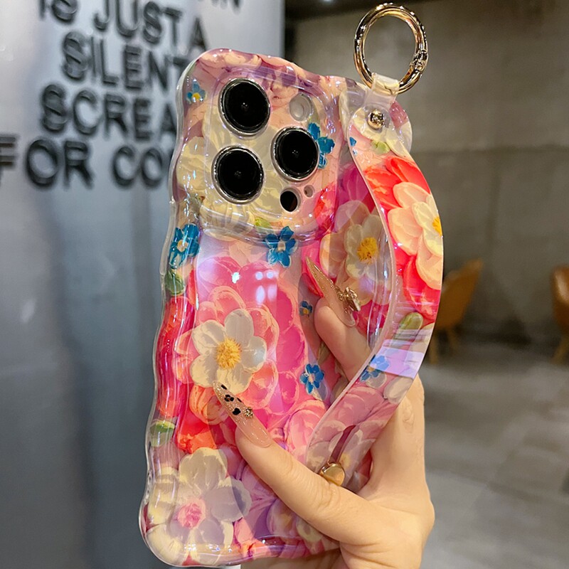 适用苹果系列iPhone17新款手机壳15pro/14promax油画风橙色花蕊13pro/16promax精孔腕带支架扭扭边网红保护套