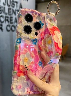 适用苹果系列iPhone17新款手机壳15pro/14promax油画风橙色花蕊13pro/16promax精孔腕带支架扭扭边网红保护套