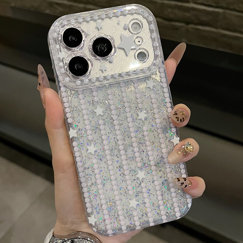 适用苹果系列iPhone17新款手机壳13pro/16promax个性星星珍蕾丝爆闪15pro/14pro全包闪粉花朵镜框ins风保护套