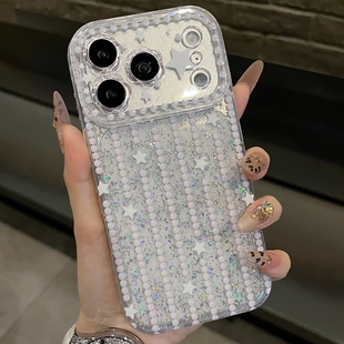 适用苹果系列iPhone17新款 16promax个性 星星珍蕾丝爆闪15pro 14pro全包闪粉花朵镜框ins风保护套 手机壳13pro