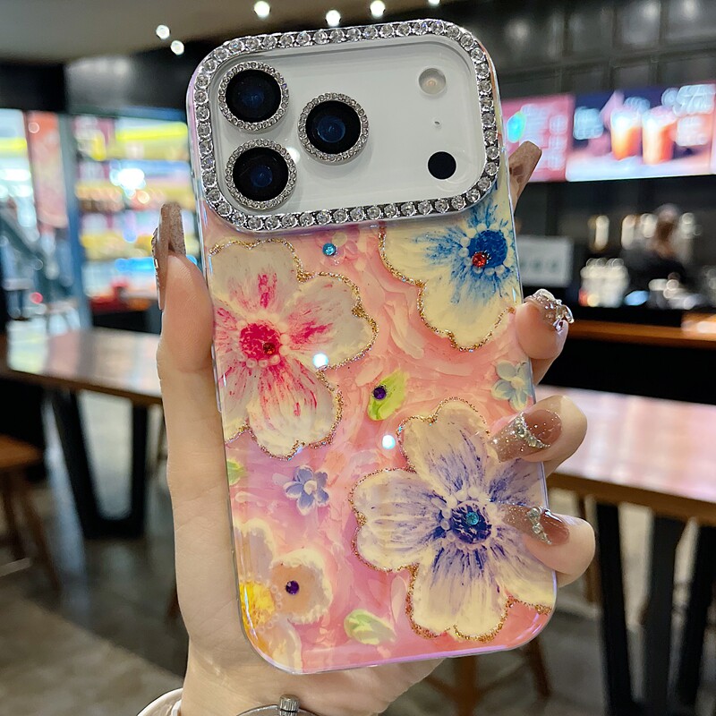 适用苹果系列iPhone 17新款手机壳14promax16promax个性花蕊渐变油画花15promax满钻半包大孔ins风女款保护套