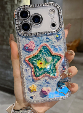 适用苹果系列iPhone17新款手机壳15pro14promax时尚绿色星星13pro16promax满边钻框闪钻镜头膜网红女款保护套