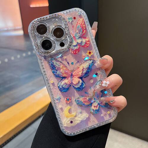 适用苹果系列iPhone16新款复古国风手机壳15pro14promax云朵蝴蝶13pro16promax扭边钻框闪钻镜头膜网红保护套