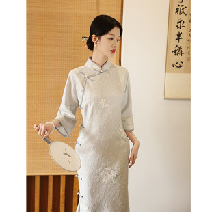 古法全开襟长款改良旗袍新款2024年轻款女复古中长袖平时可穿春装