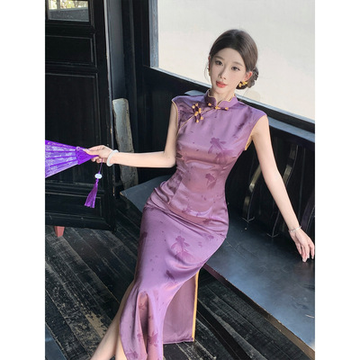 紫色旗袍女新中式2025新款上班可以穿连衣裙改良日常绝美夏季