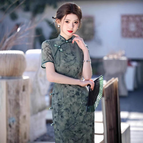 2026春夏新款旗袍网纱侧扣长款港风绿色淑女范新中式国风女旗袍