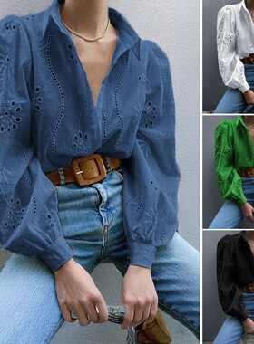 上衣女衬衫Spring shirt hollow bubble sleeve women top blouse