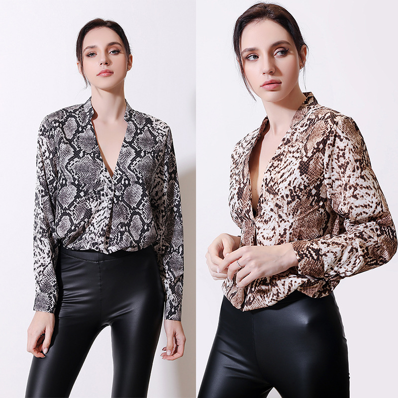 长袖V领雪纺衬衫女autumn women snakeskin blouse chiffon shirt