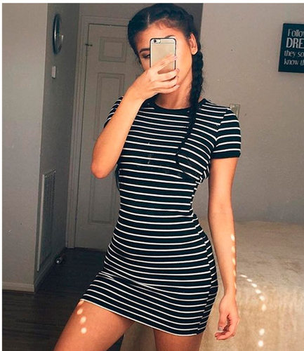条纹短袖连衣裙女圆领中裙一步裙