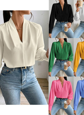 white V-neck Blouse Women Casual Top Loose ladies Shirts衬衫