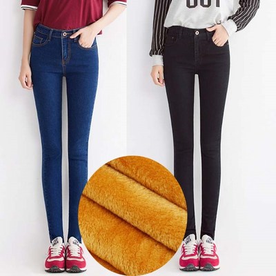 牛仔裤女高腰铅笔裤加绒小脚长裤