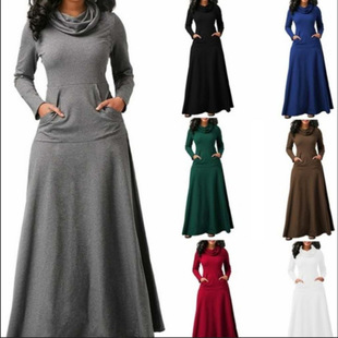 dress 秋冬欧美长袖 women long autumn 口袋中长款 连衣裙winter