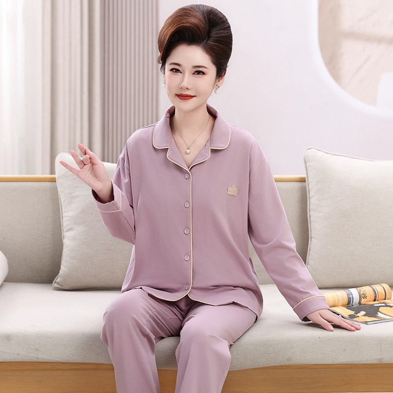 中老年妈妈睡衣带胸垫女款春秋款纯棉长袖可外穿家居服秋冬季套装