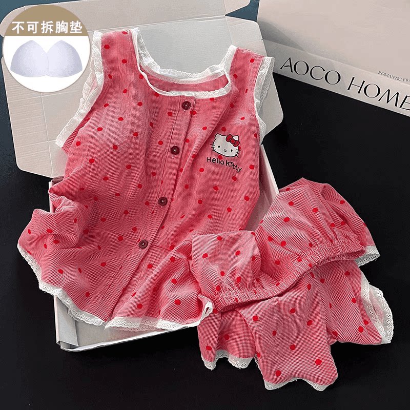 甜美蕾丝边吊带睡衣女2026新款夏季简约带胸垫背心短裤家居服套装