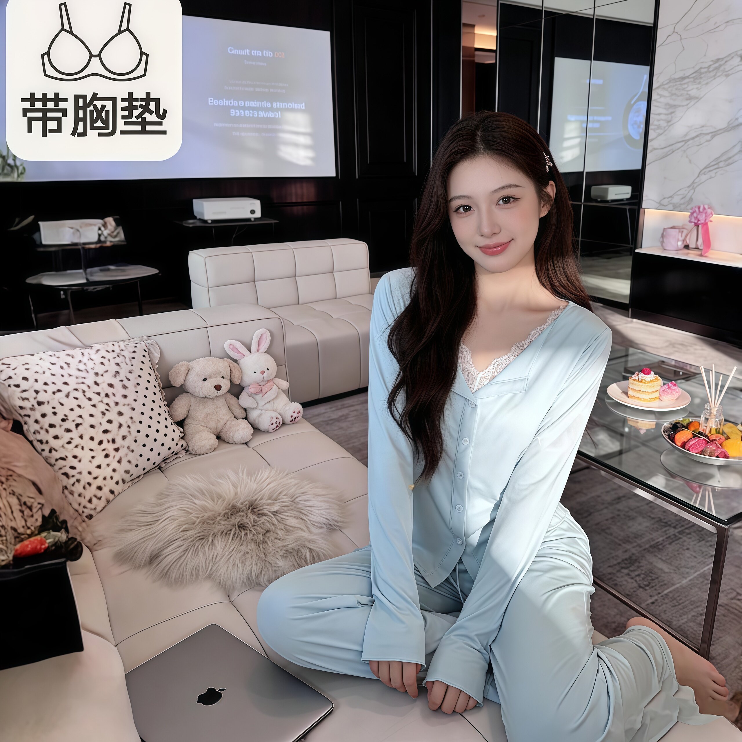 带胸垫睡衣女士春秋季莫代尔甜美蕾丝花边设计可外穿家居服两件套