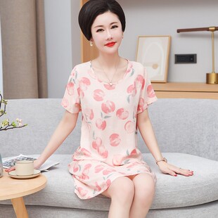 睡衣女夏季纯棉睡裙短袖连衣裙中年中老年妈妈棉绸家居服薄款凉爽
