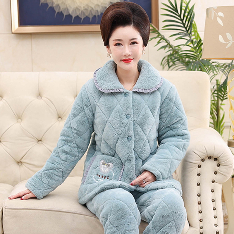 冬天新款睡衣女珊瑚绒夹棉家居服中年妈妈法兰绒三层加厚保暖套装