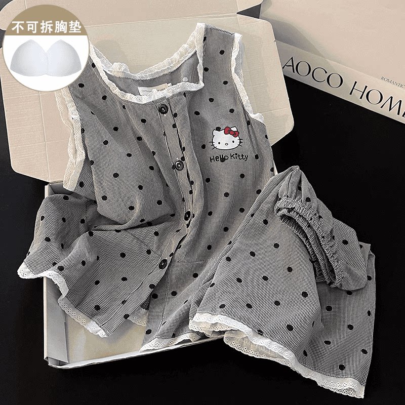 可爱卡通带胸垫背心短裤睡衣女夏季薄款可外穿休闲无袖家居服套装
